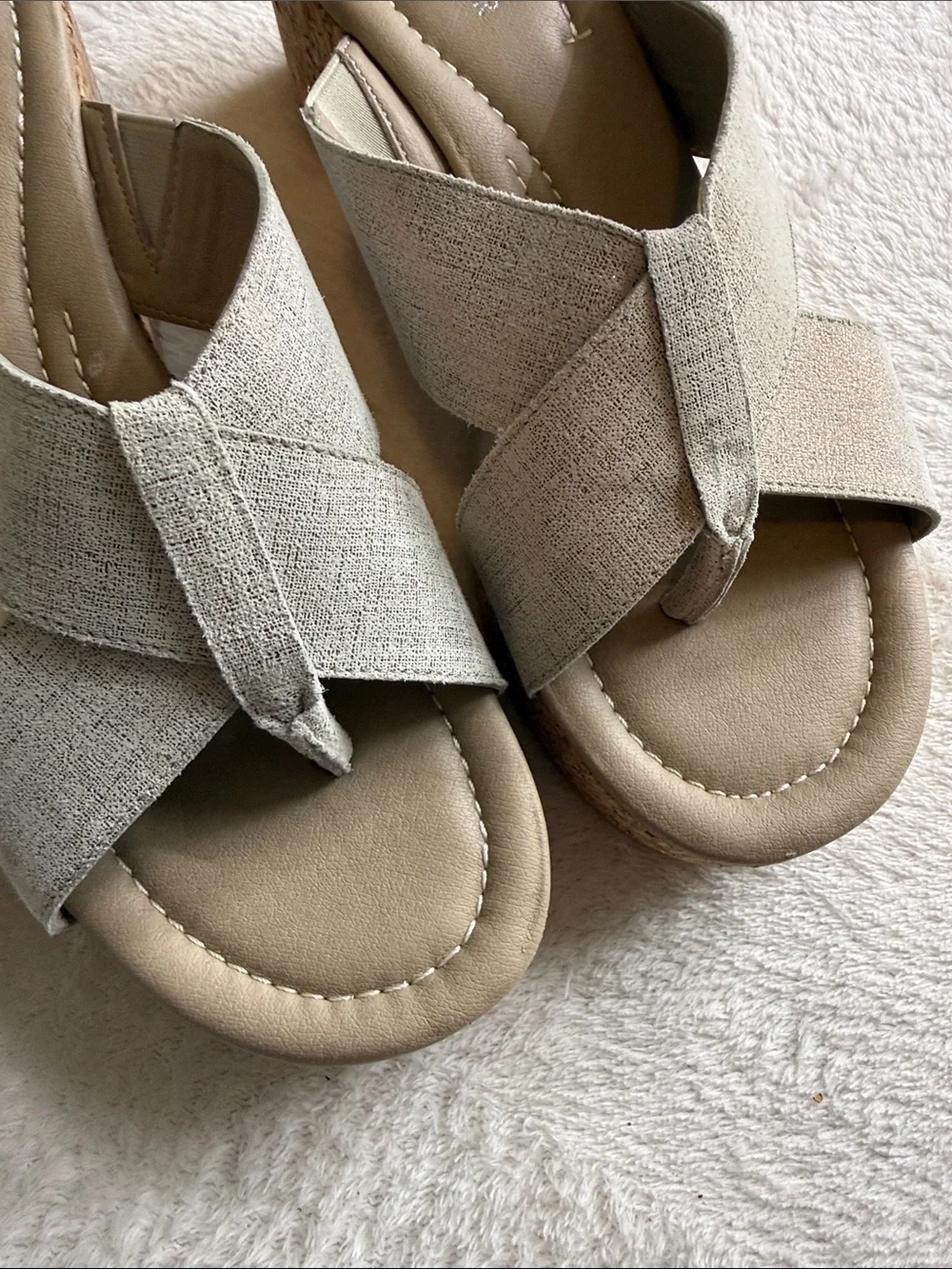 Donald J Pliner Shima Beige Grey Shimmer Cork Wedge Slide Sandals Size 8.5